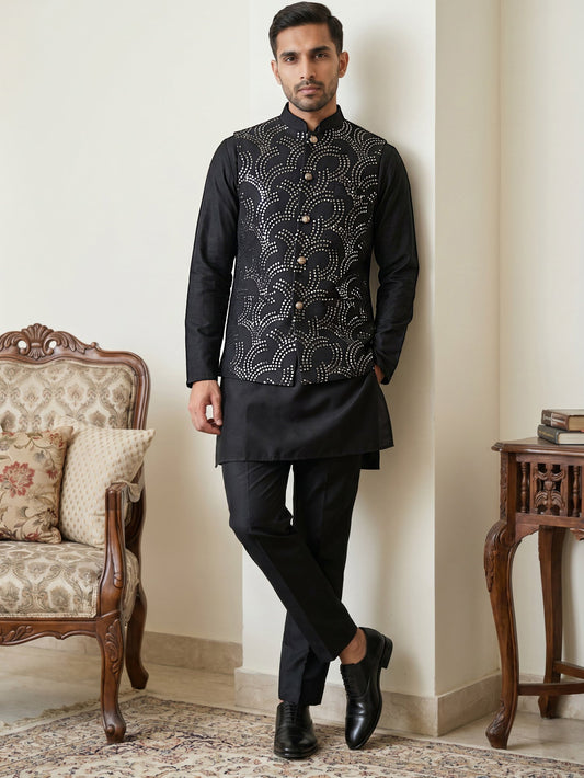 Men's Designer Sequins Nehru Jacket with Kurta Pyjama ( 65KPWC 5586B 4173Black )