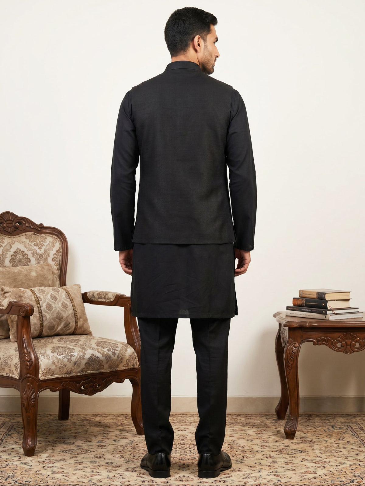 Men's Designer Sequins Nehru Jacket with Kurta Pyjama ( 65KPWC 5586B 4173Black )