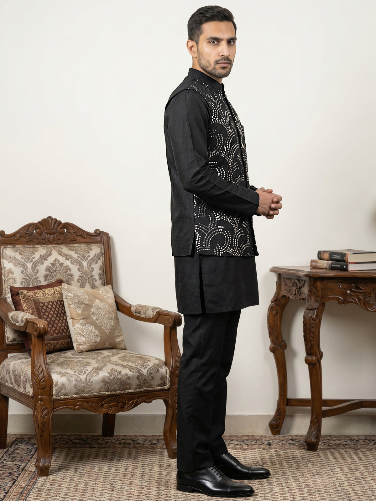 Men's Designer Sequins Nehru Jacket with Kurta Pyjama ( 65KPWC 5586B 4173Black )