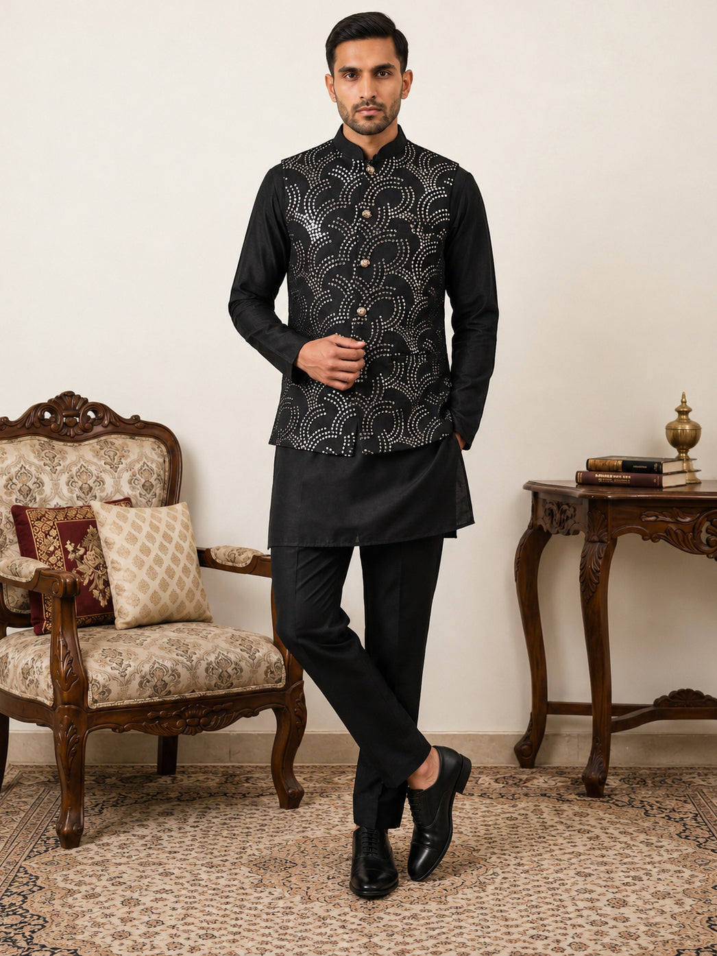 Men's Designer Sequins Nehru Jacket with Kurta Pyjama ( 65KPWC 5586B 4173Black )