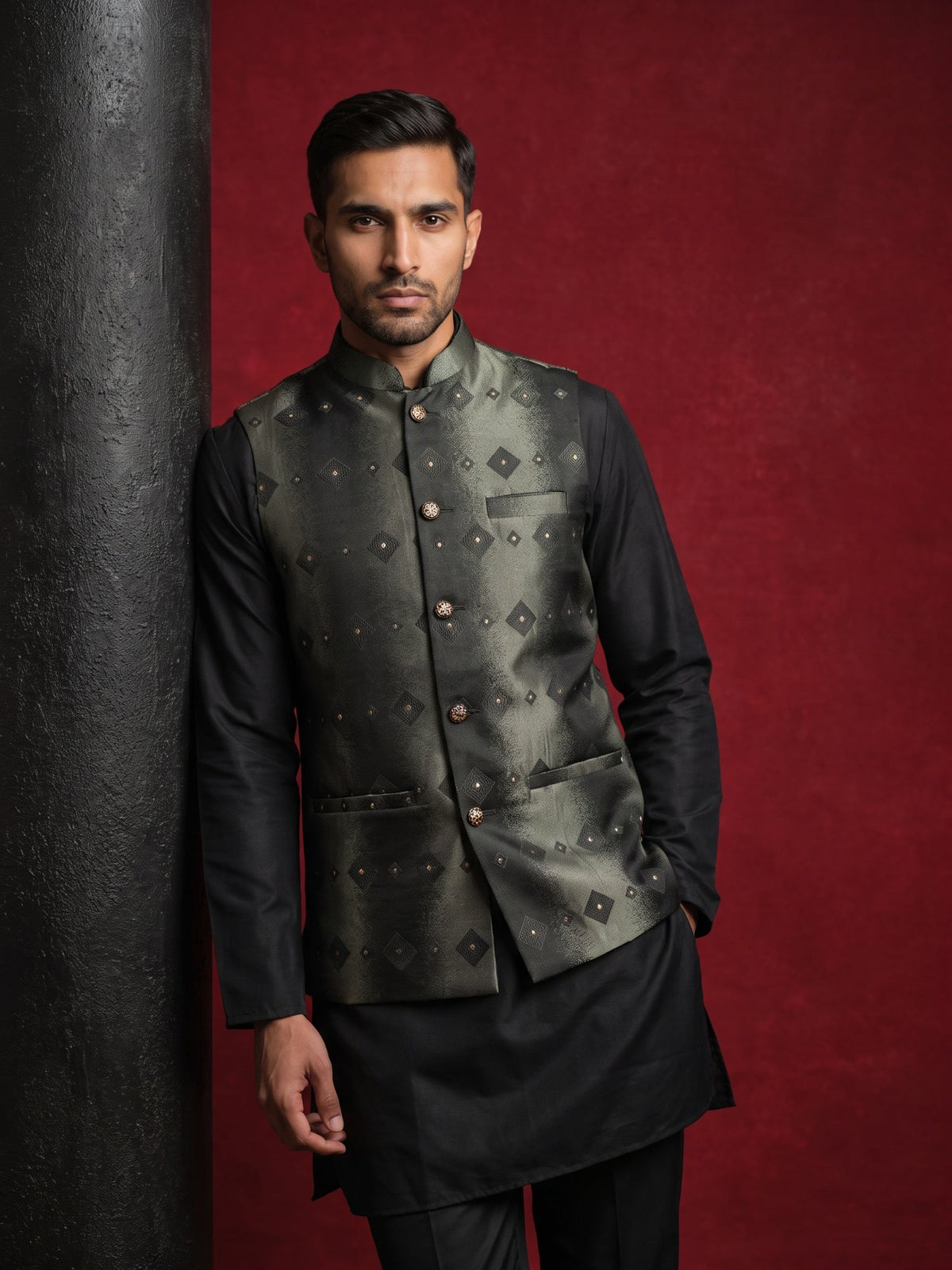 Men's Floral Jacquard Silk Blend Nehru Jacket with Kurta Set ( 65KPWC 5586B F 4178 Black )