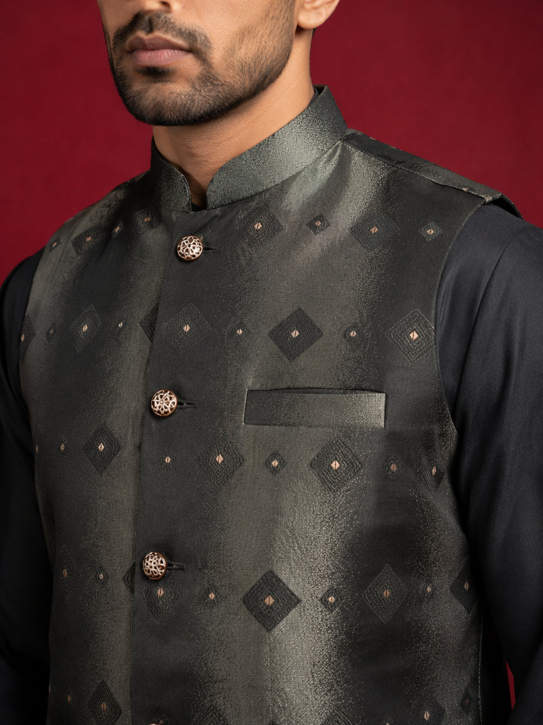 Men's Floral Jacquard Silk Blend Nehru Jacket with Kurta Set ( 65KPWC 5586B F 4178 Black )