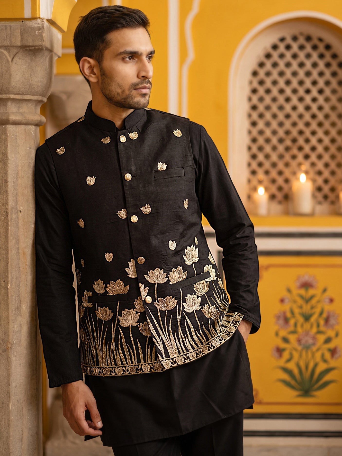 Embroidered Nehru Jacket With Kurta Pyjama Set ( 65KPWC 5586B 4181Black )
