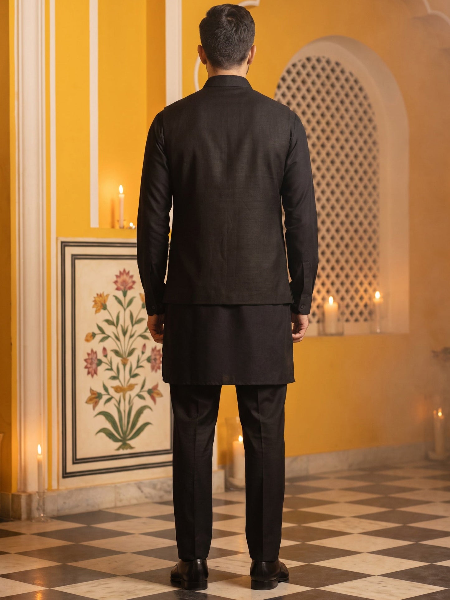 Embroidered Nehru Jacket With Kurta Pyjama Set ( 65KPWC 5586B 4181Black )