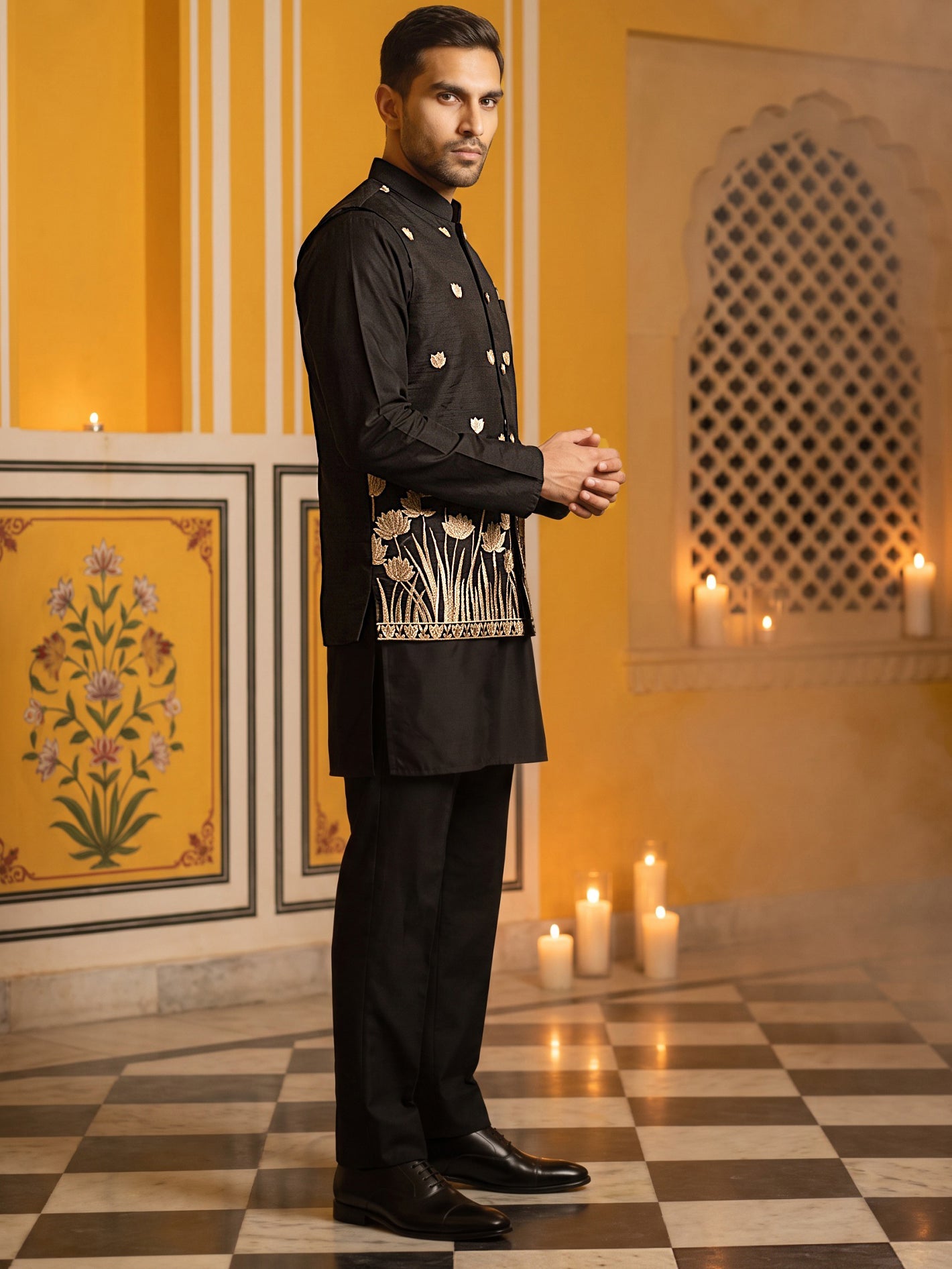 Embroidered Nehru Jacket With Kurta Pyjama Set ( 65KPWC 5586B 4181Black )