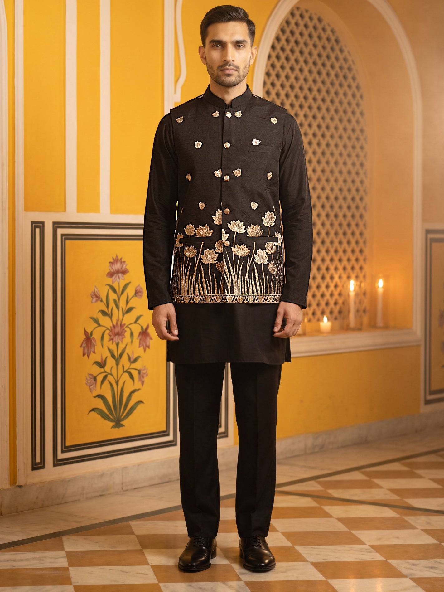 Embroidered Nehru Jacket With Kurta Pyjama Set ( 65KPWC 5586B 4181Black )