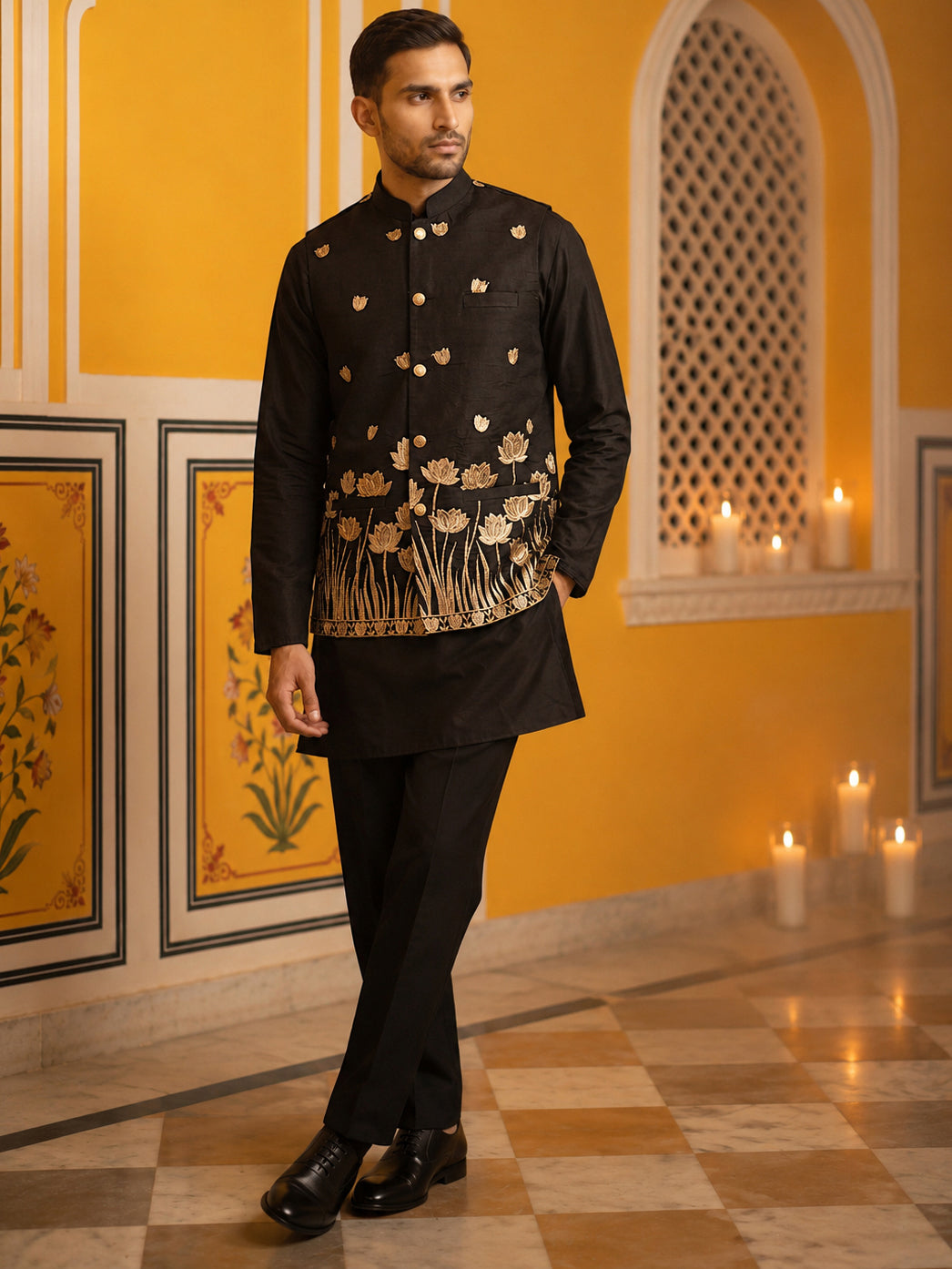 Embroidered Nehru Jacket With Kurta Pyjama Set ( 65KPWC 5586B 4181Black )
