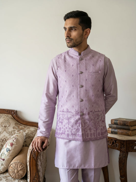 Men Cotton Blend Printed Nehru Jacket Kurta Set ( 65KPWC 5586L 4162Purple )