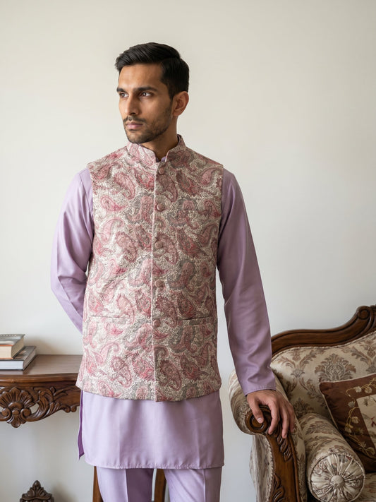 Men Embroidered Ethnic Nehru Jacket with Kurta & Pyjama Set ( 65KPWC 5586L 4164Peach )