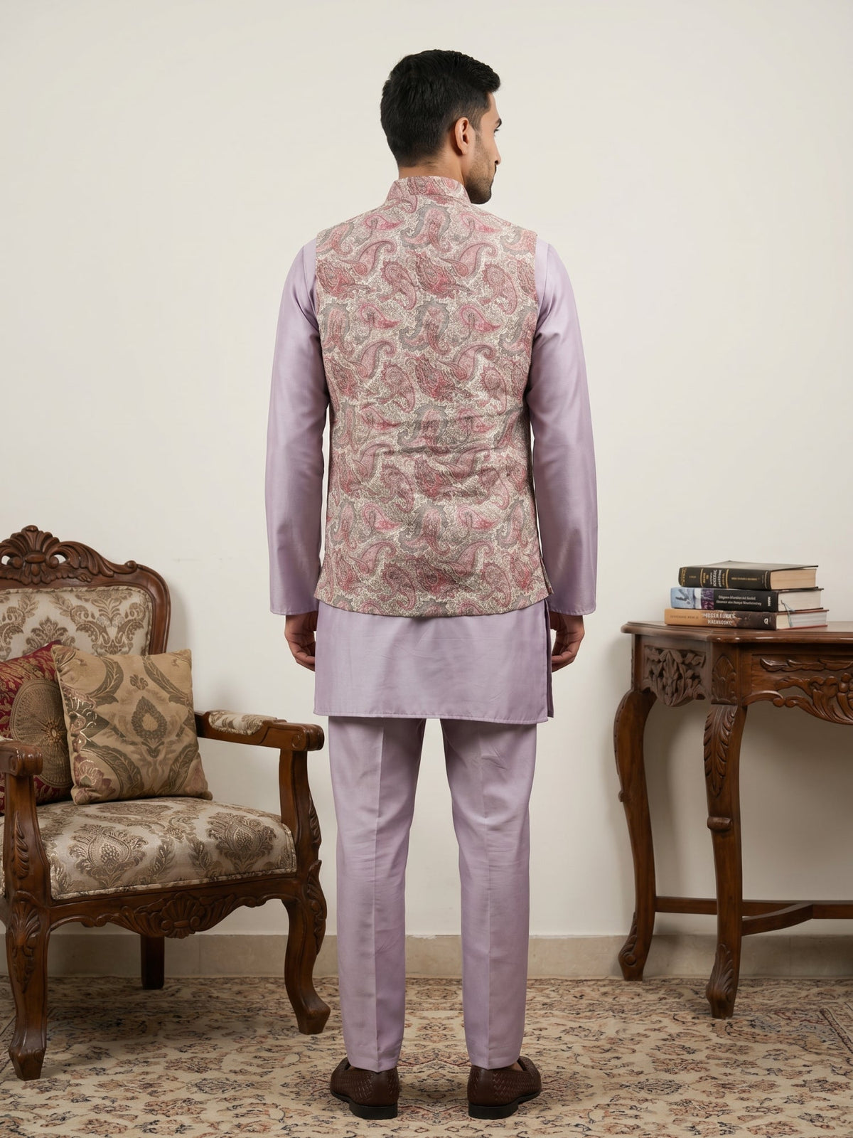 Men Embroidered Ethnic Nehru Jacket with Kurta & Pyjama Set ( 65KPWC 5586L 4164Peach )