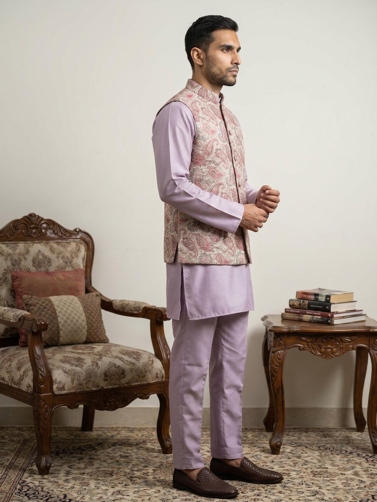 Men Embroidered Ethnic Nehru Jacket with Kurta & Pyjama Set ( 65KPWC 5586L 4164Peach )