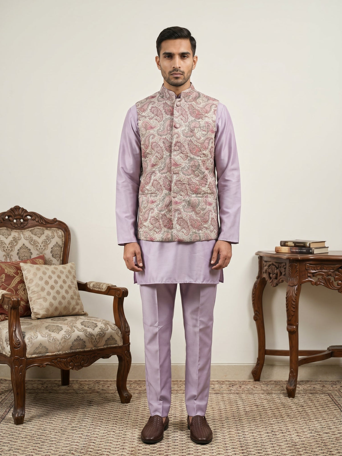 Men Embroidered Ethnic Nehru Jacket with Kurta & Pyjama Set ( 65KPWC 5586L 4164Peach )