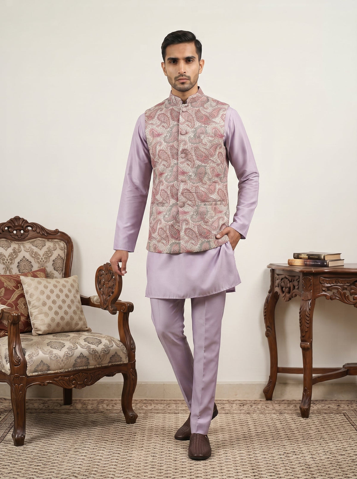 Men Embroidered Ethnic Nehru Jacket with Kurta & Pyjama Set ( 65KPWC 5586L 4164Peach )
