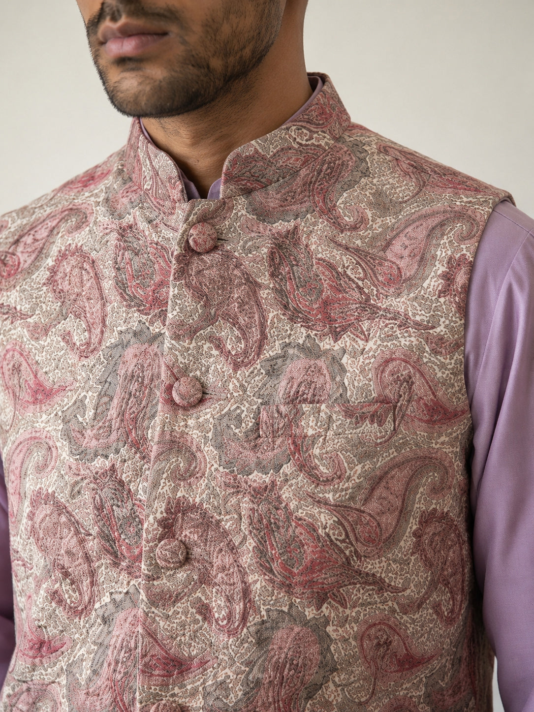 Men Embroidered Ethnic Nehru Jacket with Kurta & Pyjama Set ( 65KPWC 5586L 4164Peach )