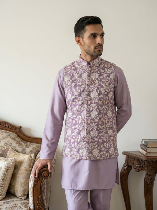 Men Embroidered Ethnic Nehru Jacket with Kurta & Pyjama Set ( 65KPWC 5586L 4165Purple )