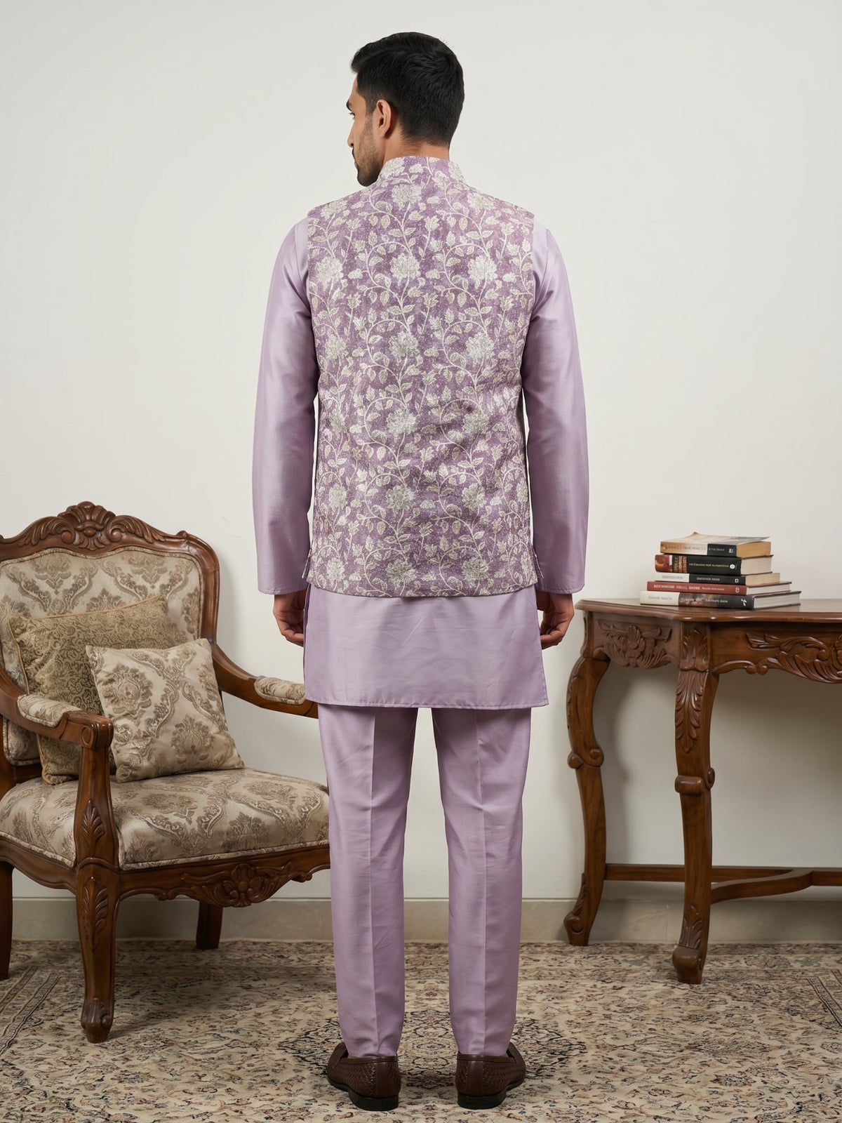 Men Embroidered Ethnic Nehru Jacket with Kurta & Pyjama Set ( 65KPWC 5586L 4165Purple )