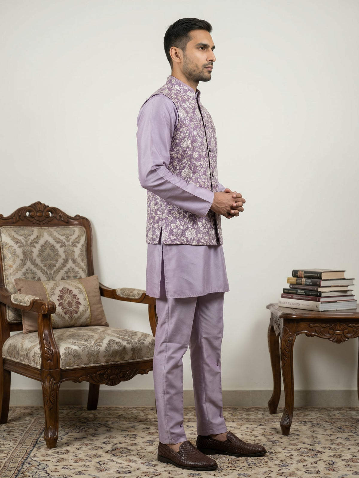 Men Embroidered Ethnic Nehru Jacket with Kurta & Pyjama Set ( 65KPWC 5586L 4165Purple )