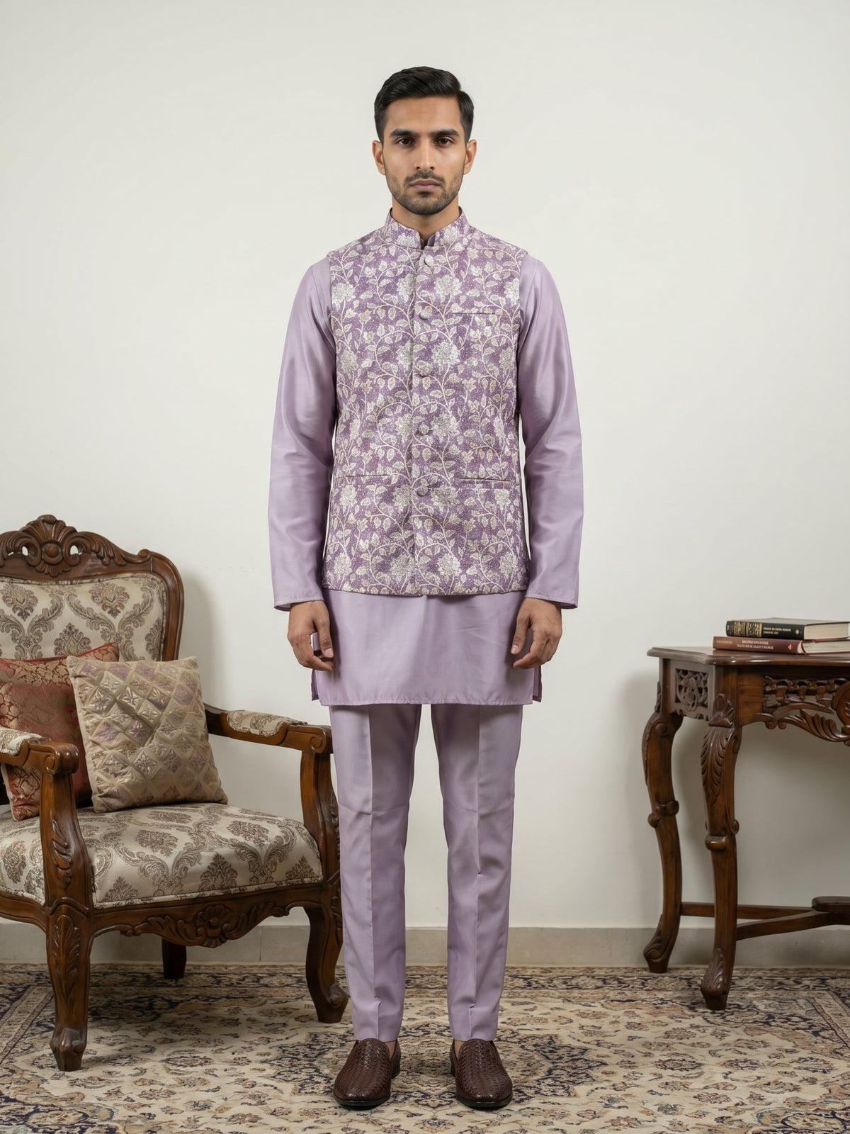 Men Embroidered Ethnic Nehru Jacket with Kurta & Pyjama Set ( 65KPWC 5586L 4165Purple )