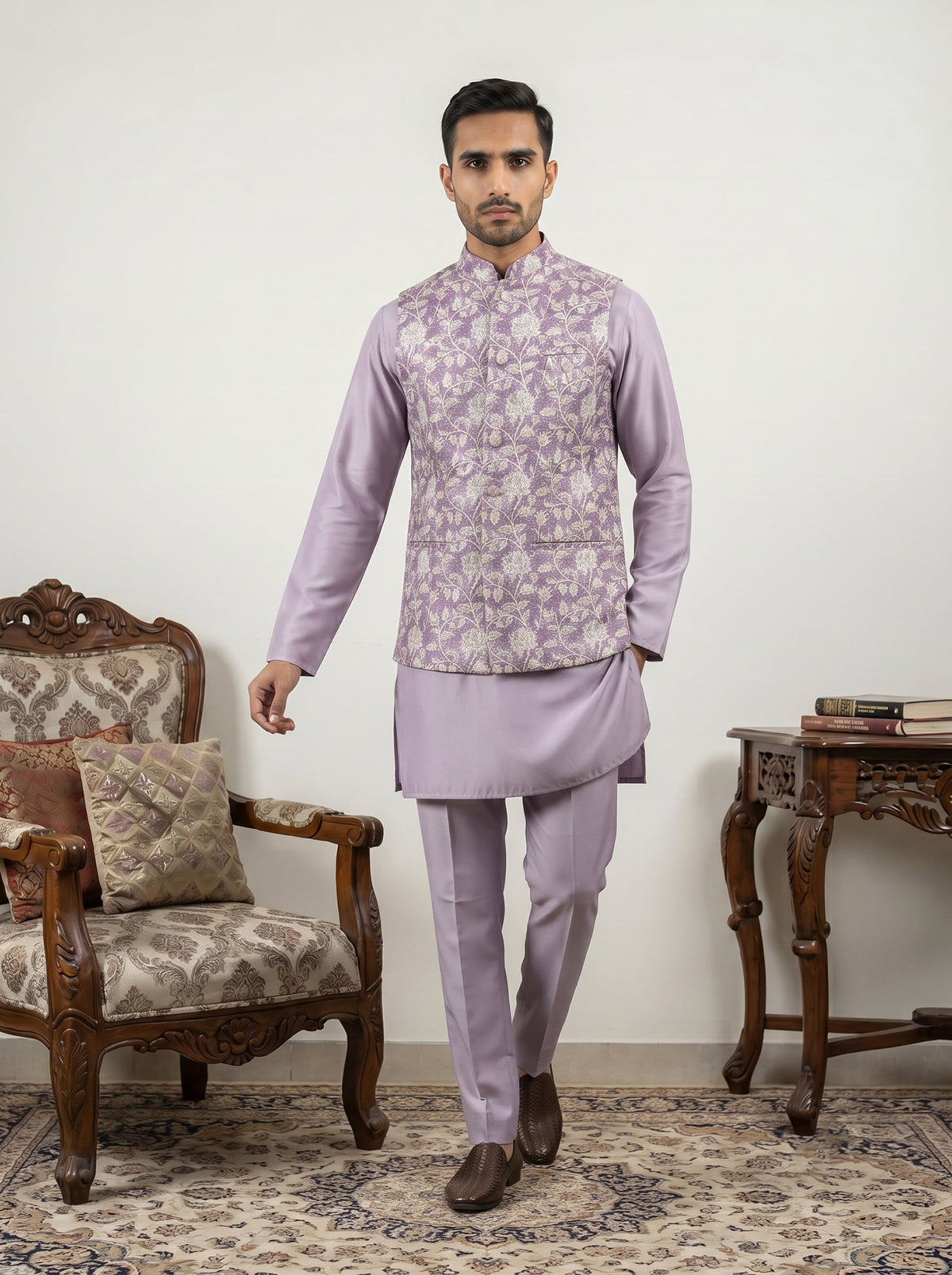 Men Embroidered Ethnic Nehru Jacket with Kurta & Pyjama Set ( 65KPWC 5586L 4165Purple )