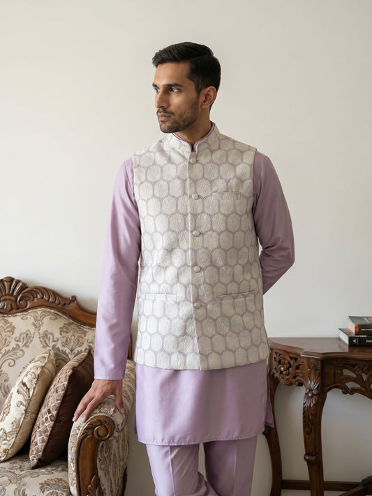 Men Embroidered Cotton Blend Nehru Jacket with Kurta Pyjama Set ( 65KPWC 5586L 4171Off-White )