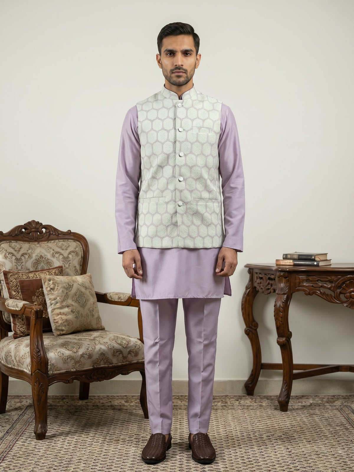 Men Embroidered Cotton Blend Nehru Jacket with Kurta Pyjama Set ( 65KPWC 5586L 4171Off-White )