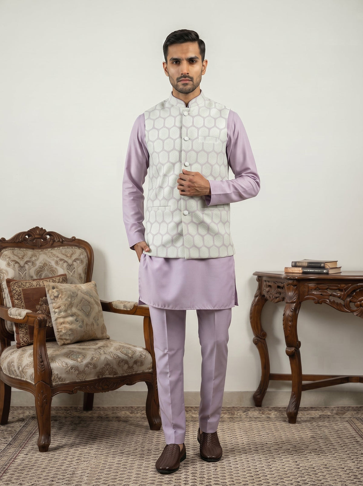 Men Embroidered Cotton Blend Nehru Jacket with Kurta Pyjama Set ( 65KPWC 5586L 4171Off-White )