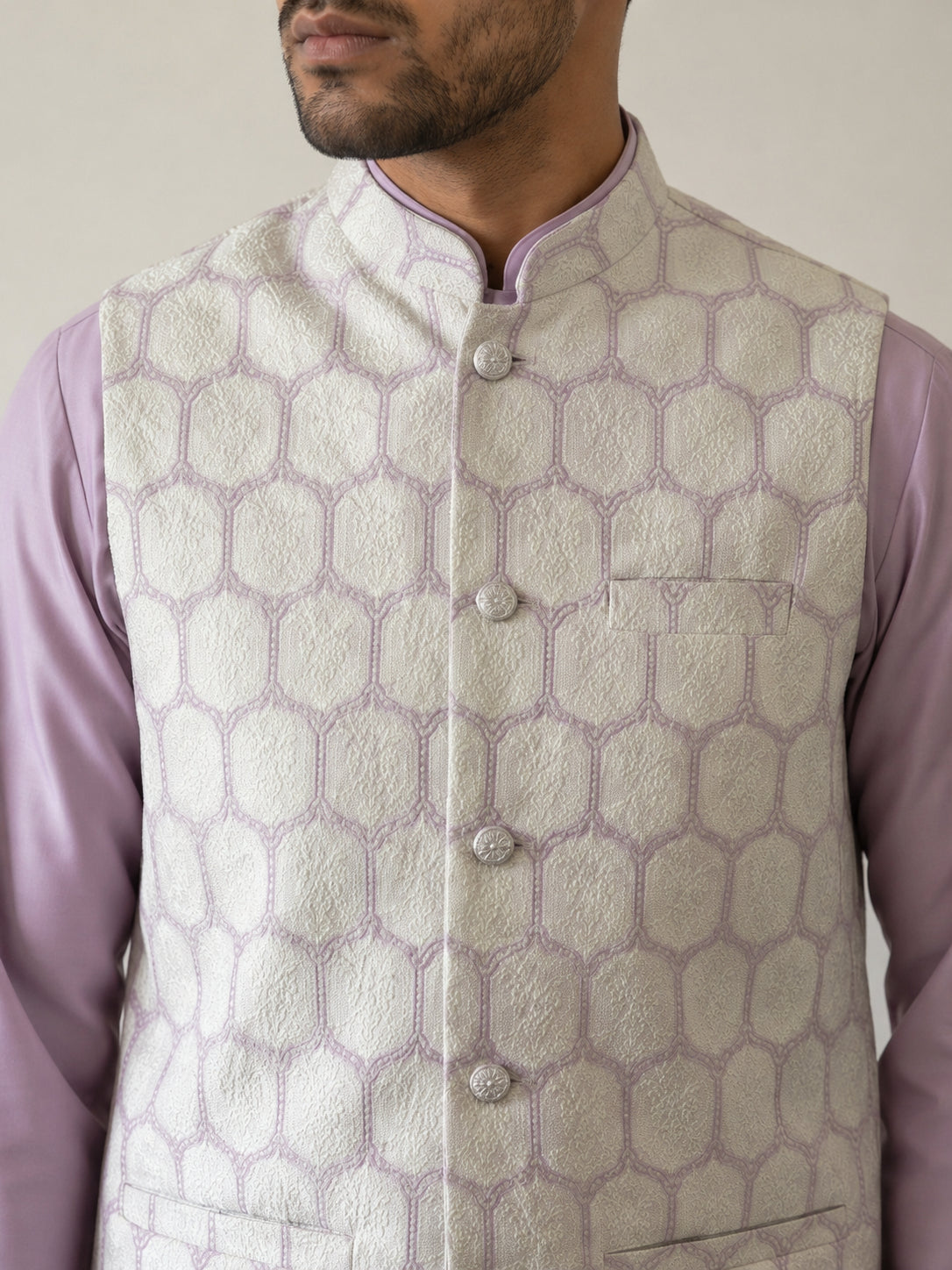 Men Embroidered Cotton Blend Nehru Jacket with Kurta Pyjama Set ( 65KPWC 5586L 4171Off-White )