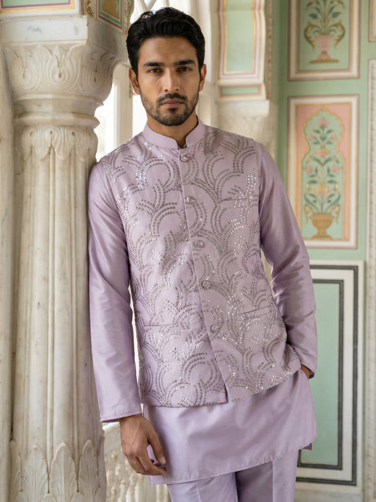 Men's Designer Sequins Nehru Jacket with Kurta Pyjama ( 65KPWC 5586L 4173Lavender )