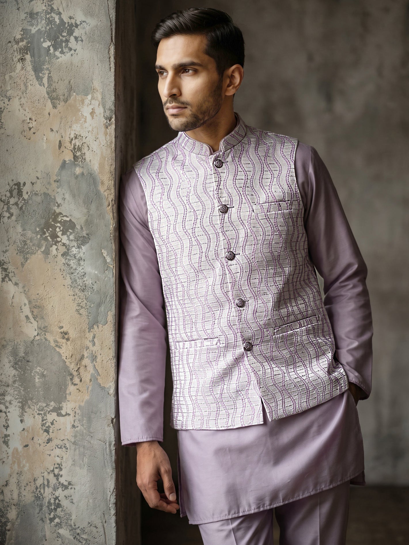 Men Woven Nehru Jacket With Kurta Set ( 65KPWC 5586L 4180Lavender )