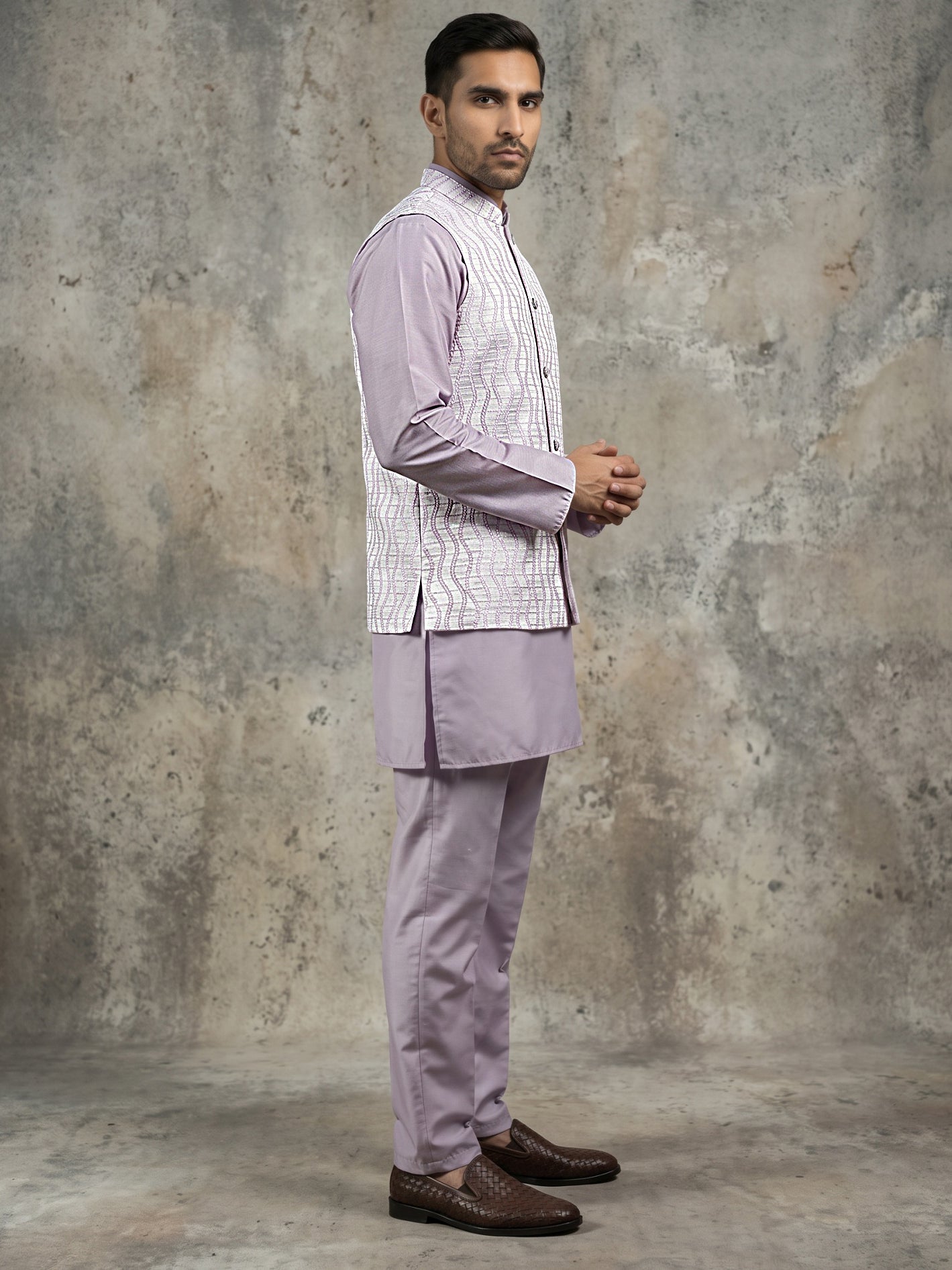 Men Woven Nehru Jacket With Kurta Set ( 65KPWC 5586L 4180Lavender )