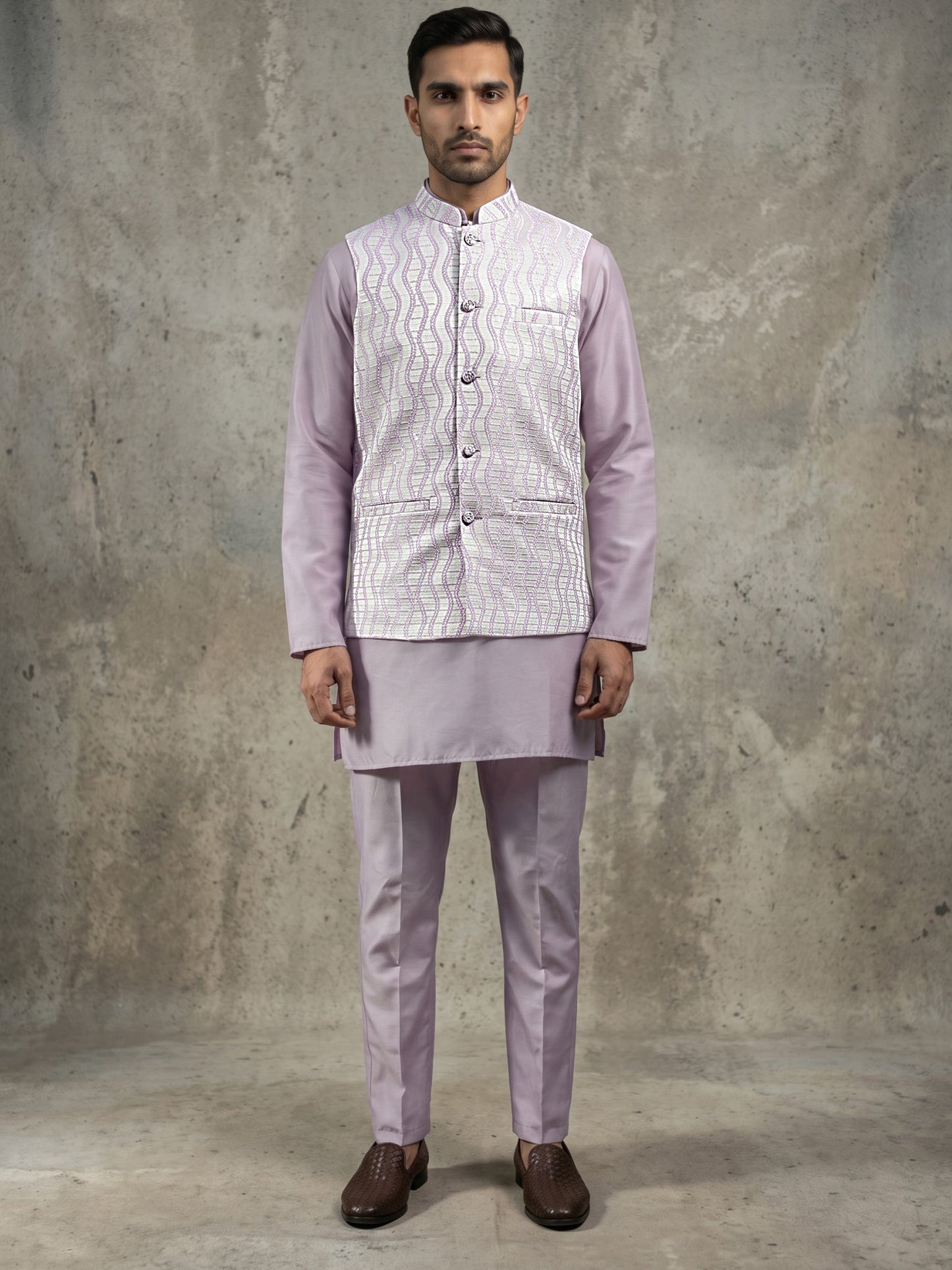 Men Woven Nehru Jacket With Kurta Set ( 65KPWC 5586L 4180Lavender )