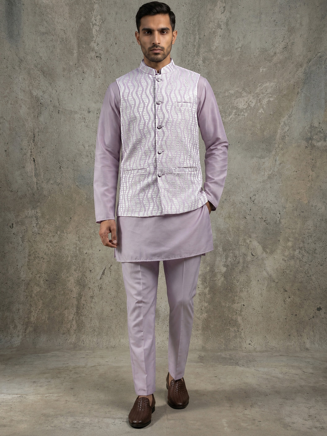 Men Woven Nehru Jacket With Kurta Set ( 65KPWC 5586L 4180Lavender )