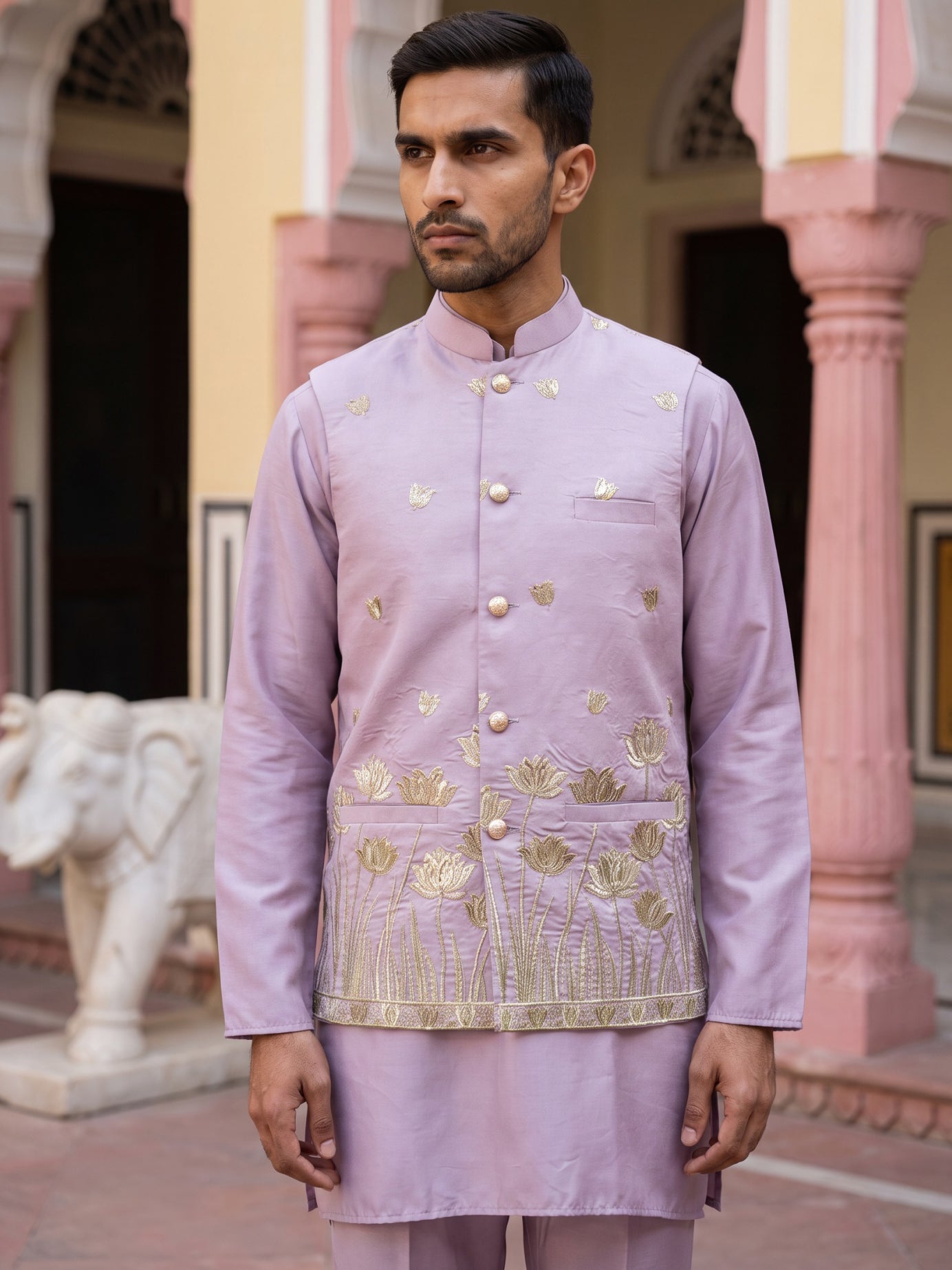 Embroidered Nehru Jacket With Kurta Pyjama Set ( 65KPWC 5586L 4181Lavender )