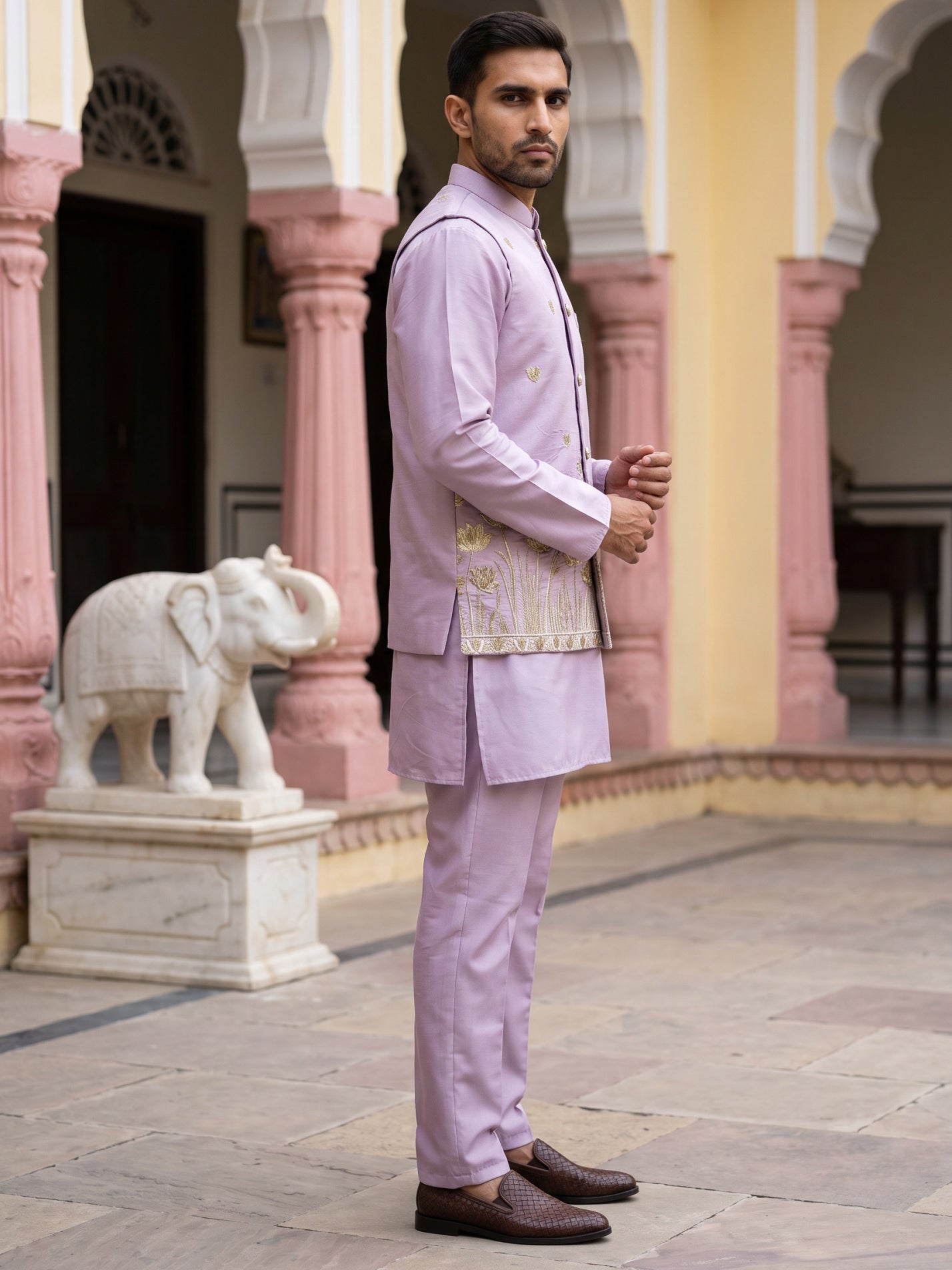 Embroidered Nehru Jacket With Kurta Pyjama Set ( 65KPWC 5586L 4181Lavender )