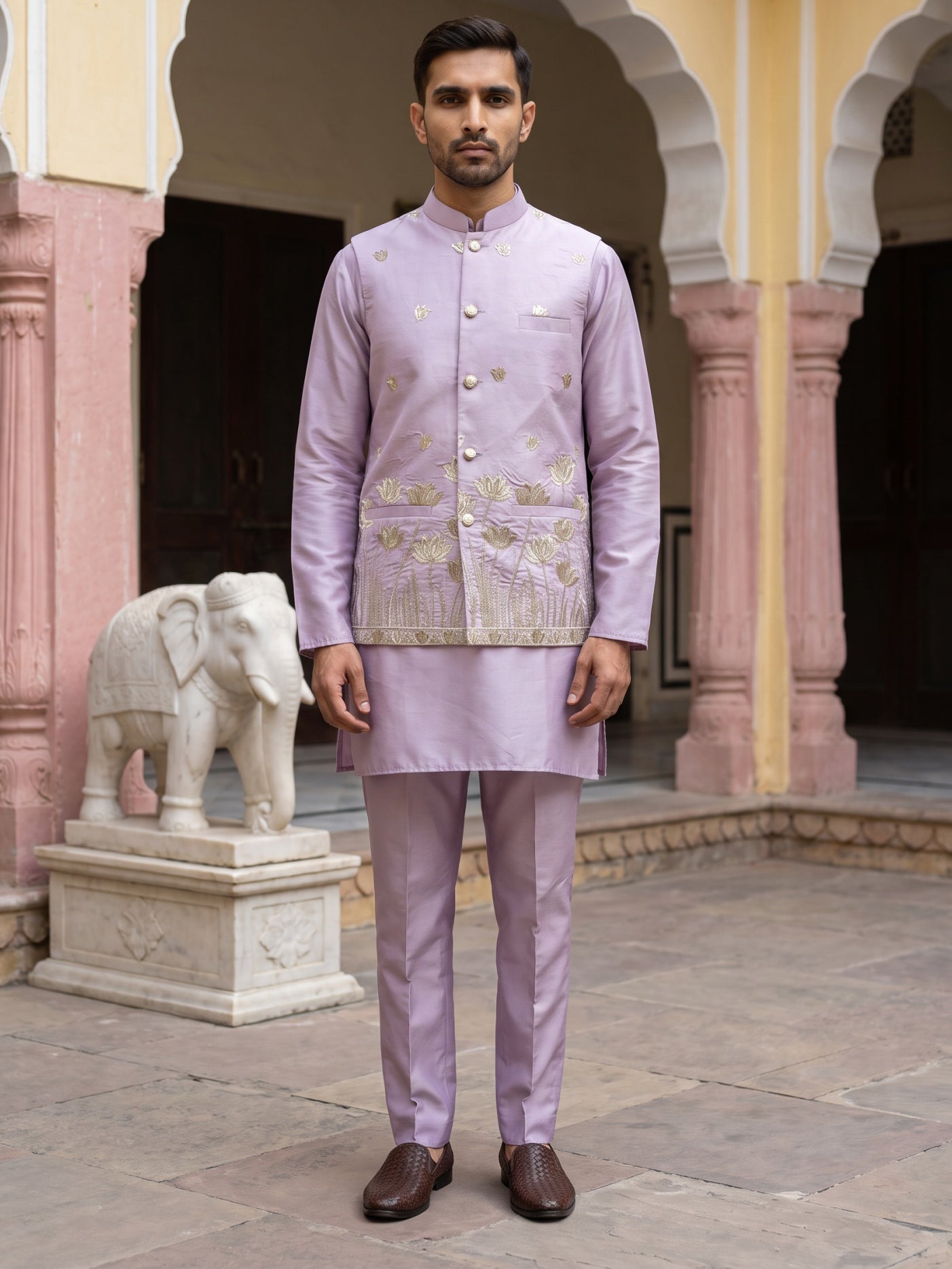 Embroidered Nehru Jacket With Kurta Pyjama Set ( 65KPWC 5586L 4181Lavender )