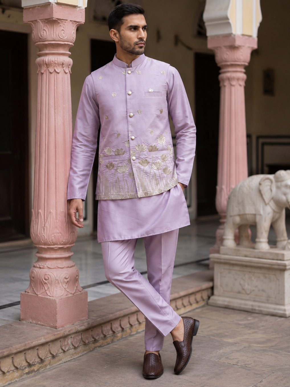 Embroidered Nehru Jacket With Kurta Pyjama Set ( 65KPWC 5586L 4181Lavender )