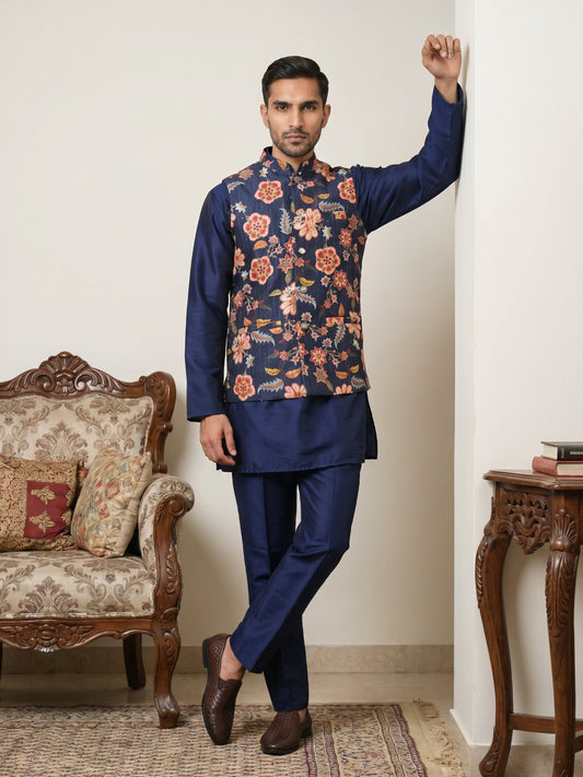 Men's Floral Printed Nehru Jacket with Kurta Pyjama Set ( 65KPWC 5586N 4160Navy )