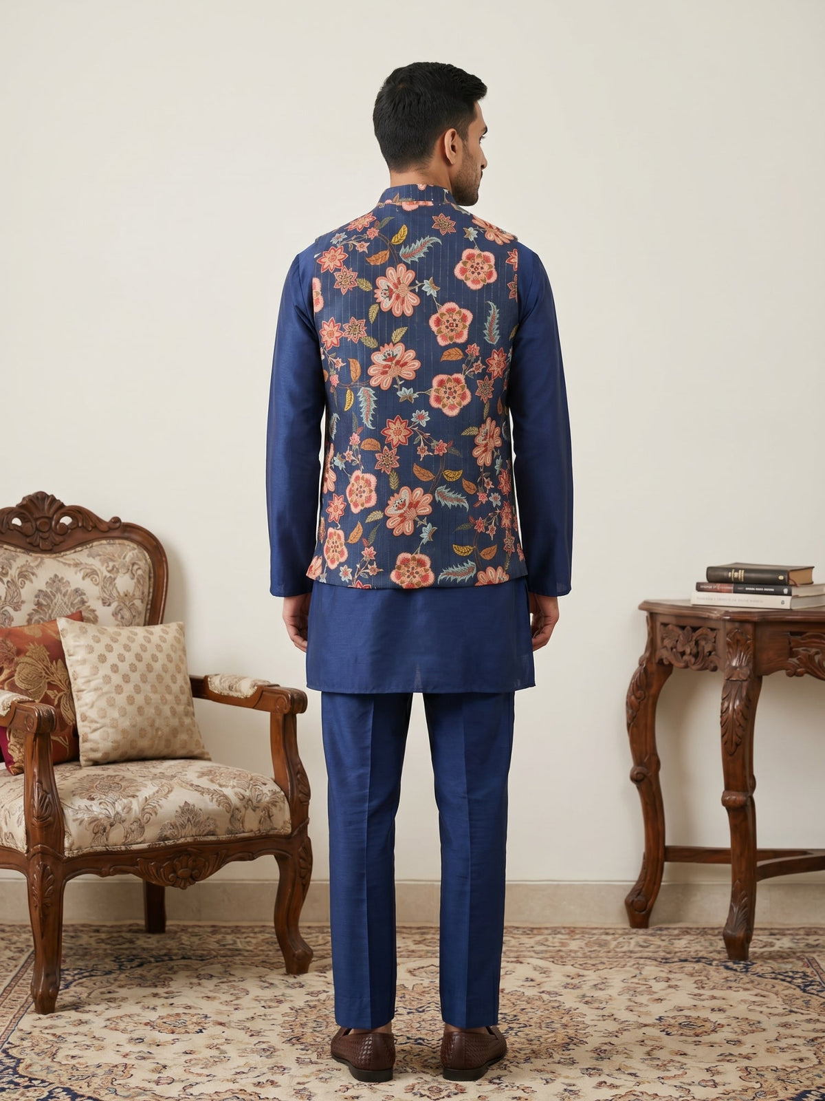 Men's Floral Printed Nehru Jacket with Kurta Pyjama Set ( 65KPWC 5586N 4160Navy )