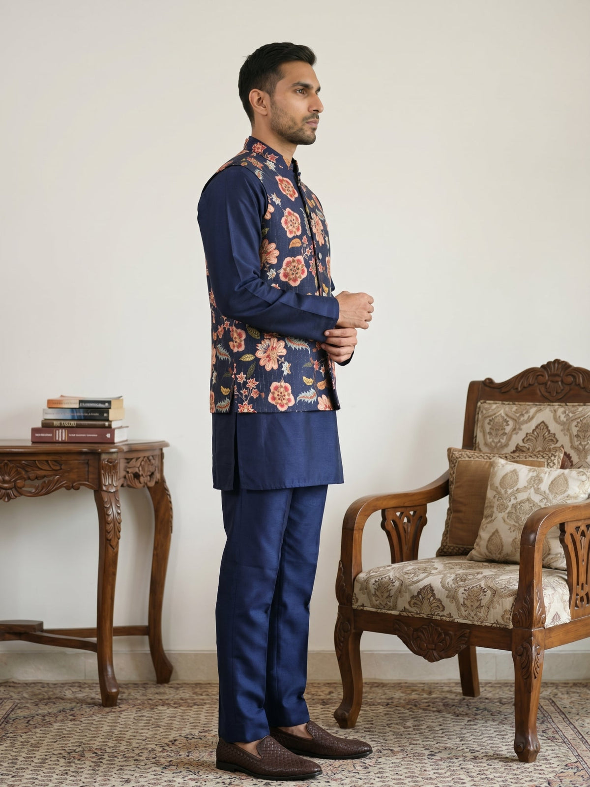 Men's Floral Printed Nehru Jacket with Kurta Pyjama Set ( 65KPWC 5586N 4160Navy )