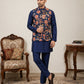 Men's Floral Printed Nehru Jacket with Kurta Pyjama Set ( 65KPWC 5586N 4160Navy )