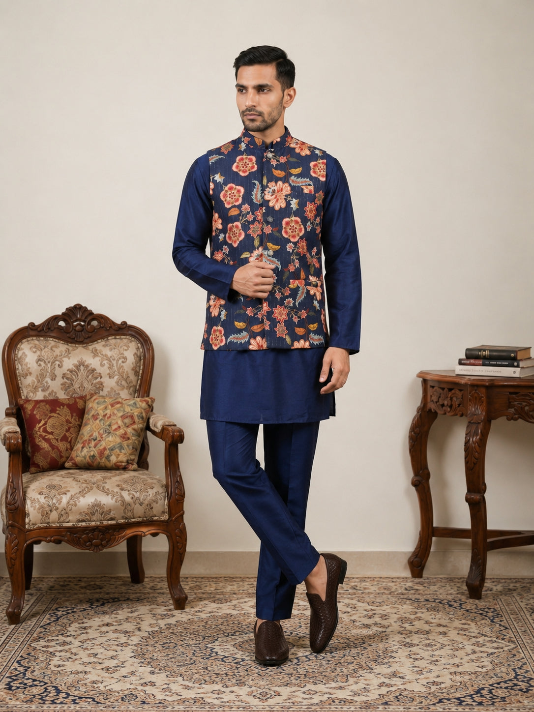 Men's Floral Printed Nehru Jacket with Kurta Pyjama Set ( 65KPWC 5586N 4160Navy )