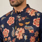Men's Floral Printed Nehru Jacket with Kurta Pyjama Set ( 65KPWC 5586N 4160Navy )