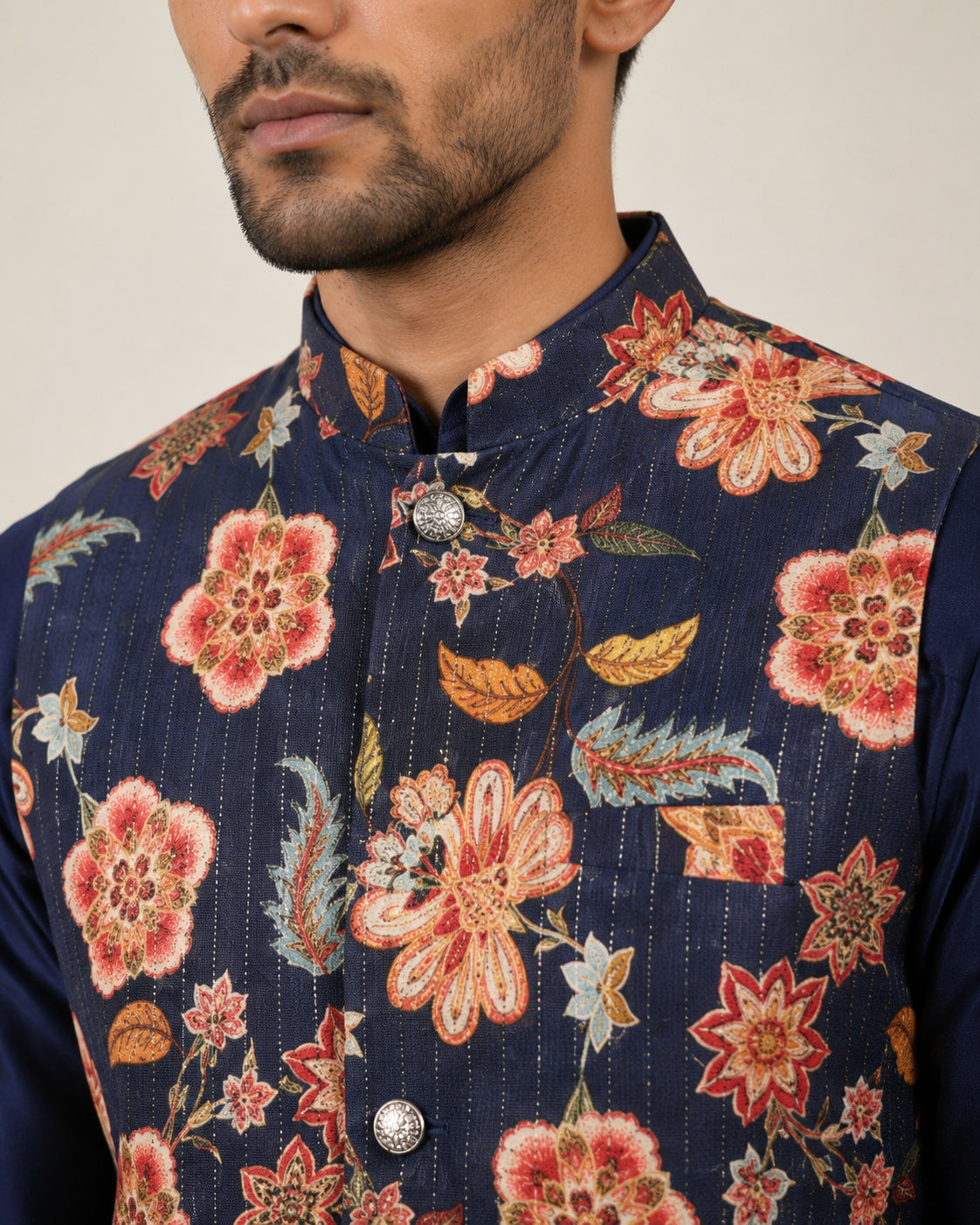 Men's Floral Printed Nehru Jacket with Kurta Pyjama Set ( 65KPWC 5586N 4160Navy )