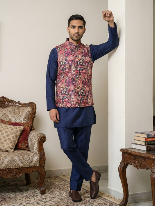 Men Paisley Print Cotton Blend Nehru Jacket with Kurta Set ( 65KPWC 5586N 4167Multi )