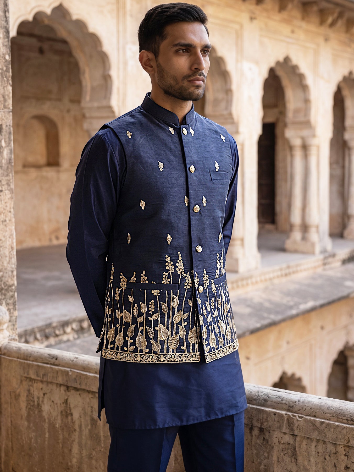 Embroidered Nehru Jacket With Kurta Pyjama Set ( 65KPWC 5586N 4182Navy )