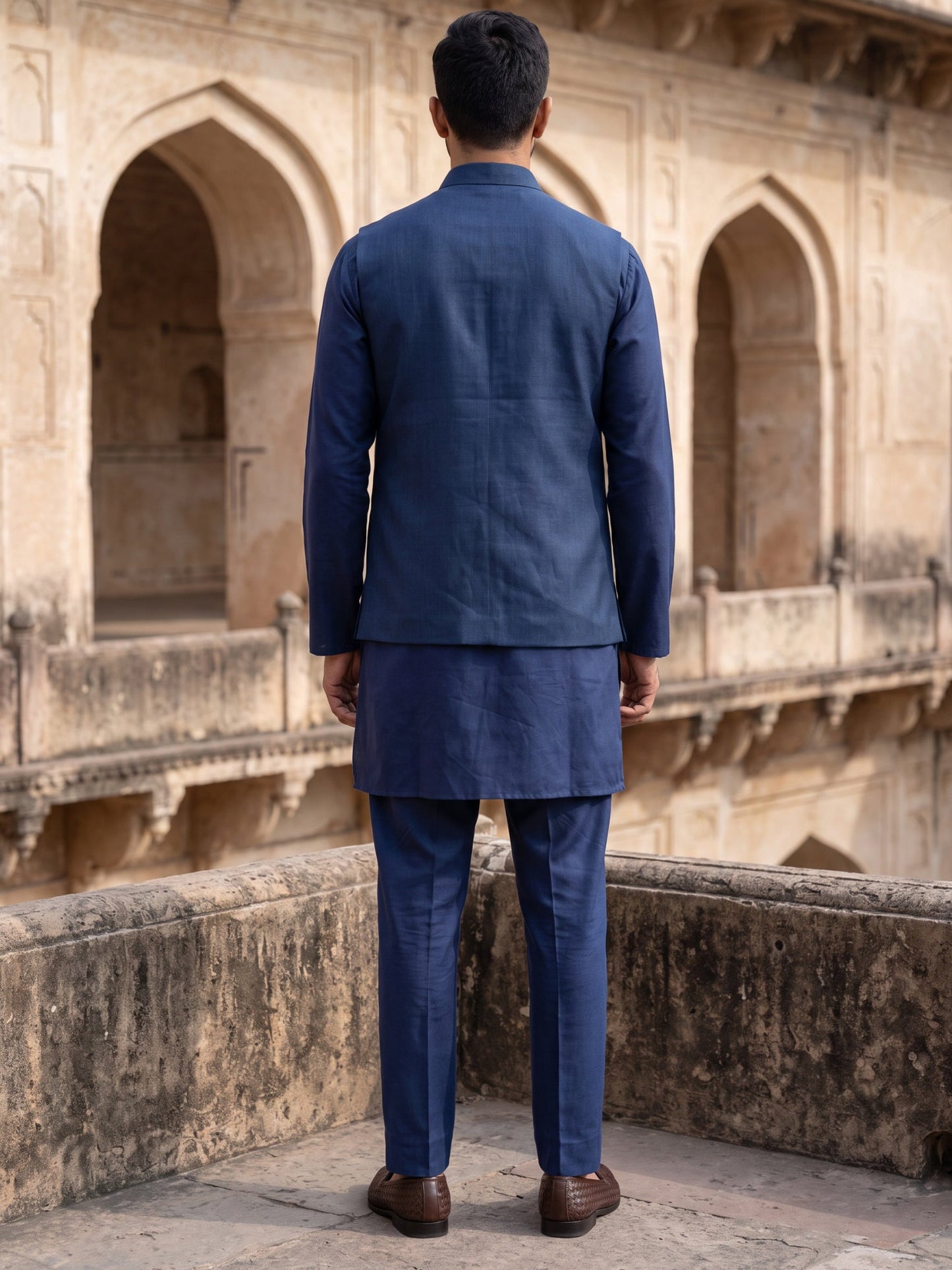 Embroidered Nehru Jacket With Kurta Pyjama Set ( 65KPWC 5586N 4182Navy )