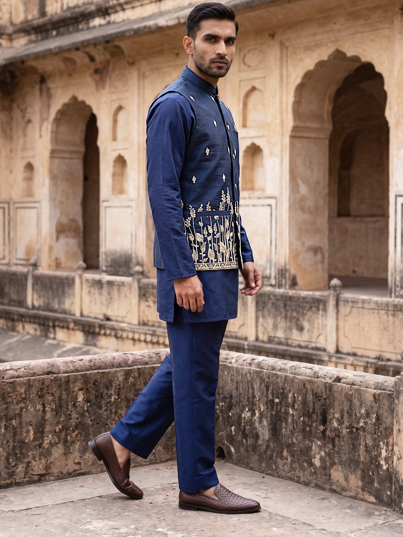 Embroidered Nehru Jacket With Kurta Pyjama Set ( 65KPWC 5586N 4182Navy )