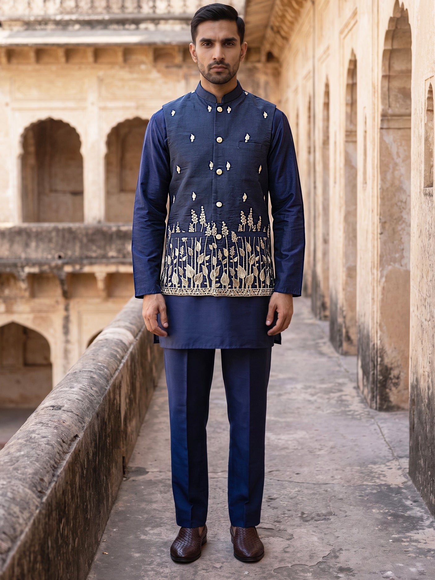 Embroidered Nehru Jacket With Kurta Pyjama Set ( 65KPWC 5586N 4182Navy )