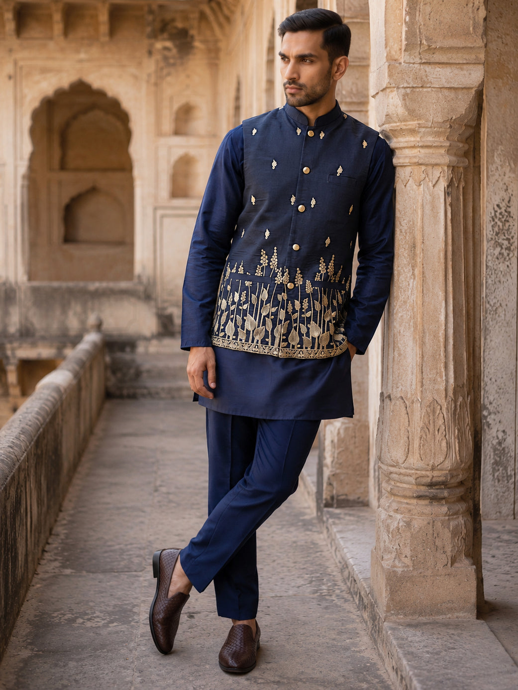 Embroidered Nehru Jacket With Kurta Pyjama Set ( 65KPWC 5586N 4182Navy )