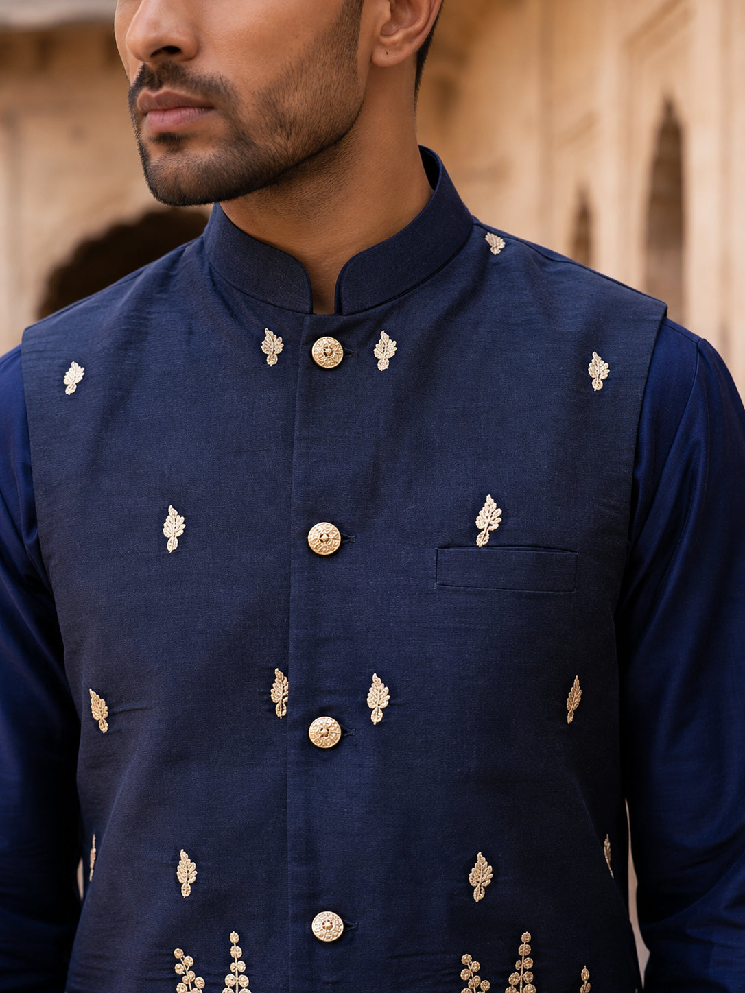 Embroidered Nehru Jacket With Kurta Pyjama Set ( 65KPWC 5586N 4182Navy )